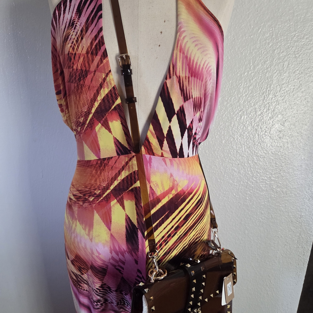 Vibrant Pink and Yellow Geometric Jumpsuit With Purse